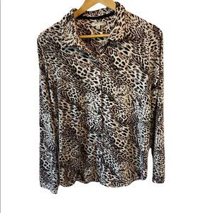 ANNE KLEIN Leopard Print Lightweight Button Up Collared Cardigan Top M